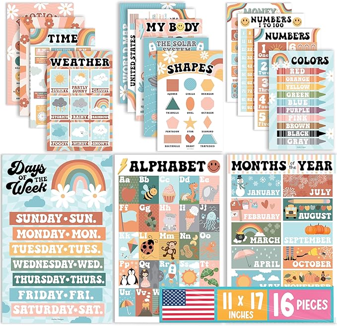 Hadley Designs 16 Educational Posters for Classroom Decor - Learning Posters for Toddlers 1-3, Alphabet for Classroom Wall, Daycare Essentials, Homeschool Posters Preschool, Retro Playroom Decor