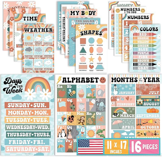 Hadley Designs 16 Educational Posters for Classroom Decor - Learning Posters for Toddlers 1-3, Alphabet for Classroom Wall, Daycare Essentials, Homeschool Posters Preschool, Retro Playroom Decor