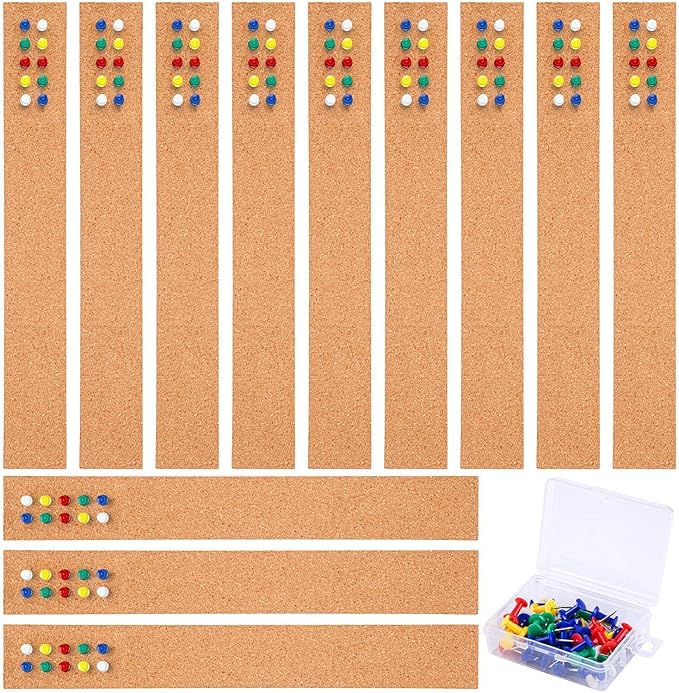 Cooraby 12 Pack Cork Strips 15 x 2 Inch Frameless Self-Adhesive Cork Board with 40 Pieces Cork Board Pins for Classroom Office