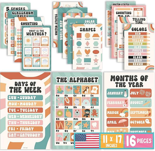 Hadley Designs 16 Educational Posters for Classroom Decor - Learning Posters for Toddlers 1-3, Alphabet for Classroom Wall, Daycare Essentials, Homeschool Posters Preschool, Retro Playroom Decor