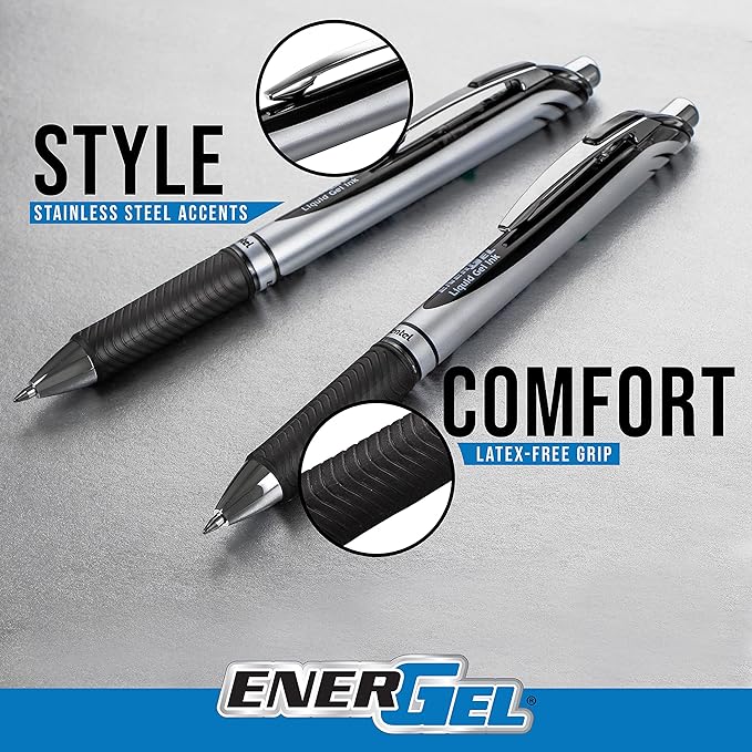 Pentel EnerGel Deluxe RTX Retractable Liquid Gel Pen, Medium Line, Needle Tip, Red Ink, Box of 12 (BLN77-B)