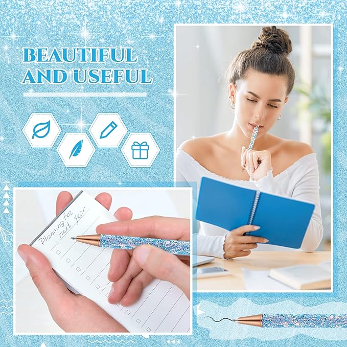 Sherr 7 Pcs Fancy Pens for Women Cute Sparkly Glitter Pens with 10 Pcs Black Ink Refills Pretty Gifts for Girls Office School Christmas Graduation(Plain)