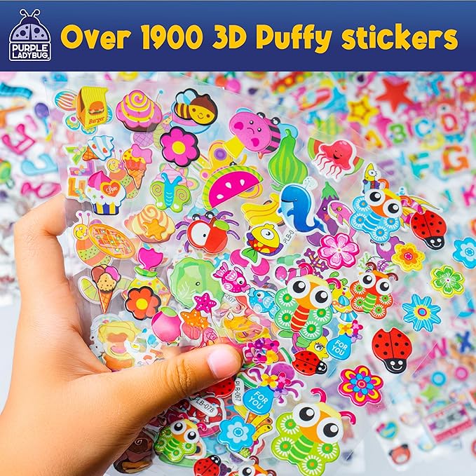 Purple Ladybug 1900+ Puffy Sticker Collection for Kids 4-8 - 80 Unique Reusable Sheets, Creative 3D Designs - Reward Stickers, Arts & Crafts Set, Travel Activities, Road Trip Essentials & Toys
