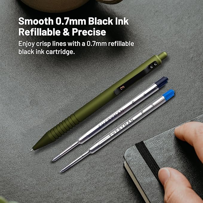 Everyman OD Green Super Matte Grafton Pen & Refill Set | Refillable Metal 0.7mm Gel Pen with 3 Smooth Black Ink Refills | Premium EDC Writing Tool for Office, Work, Travel & Gifting