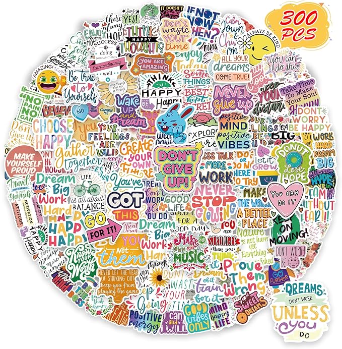 300 PCS Motivational & Positive Affirmation Sticker Pack – Inspirational Vinyl Quote Stickers for Teens, Adults & Teachers | Waterproof Decals for Water Bottles, Laptops, Journals & Scrapbooks