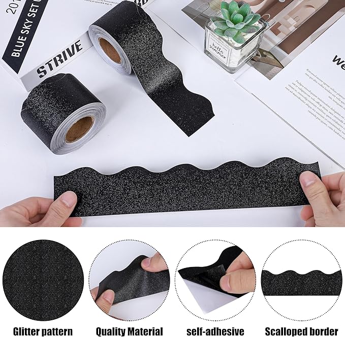 131 Ft Black Glitter Bulletin Board Borders Black Scalloped Bulletin Board Trims Shiny Decorative Border Trims Sparkle Self-Adhesive Border Stickers for Classroom School Home Office Blackboard Desk