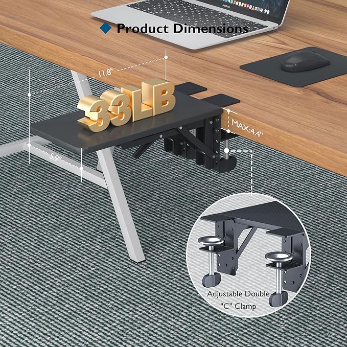 BONTEC Desk Extender Tray, 11.8"x5.9" Table Mount Arm Wrist Rest Shelf, 90°Foldable Elbow Support, Clamp on Computer Arm Rest for Desk, Office & Home Use, Durable & Easy to Install (Pack of 2)