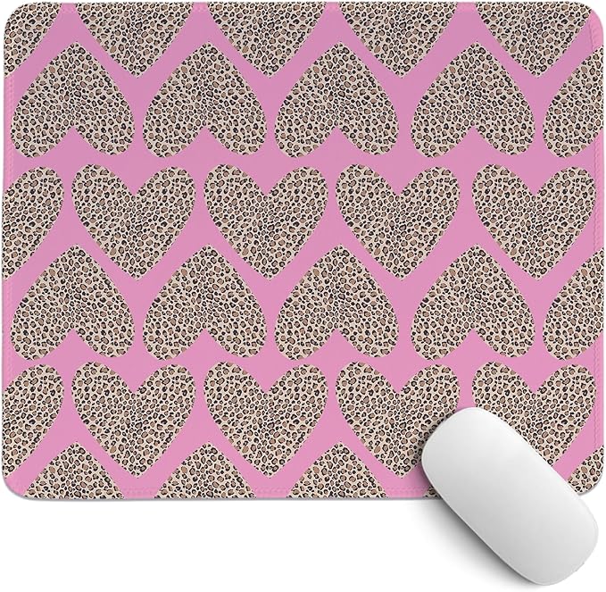 Pink Valentine Hearts Mouse Pad, Pink Cheetah Valentine's Day Desk Pad,Girly Preppy Love Heart Desk Mat for Girls Dorm Home Office Desktop Decor,Valentine's Day Gift,11.8x9.8 Inch