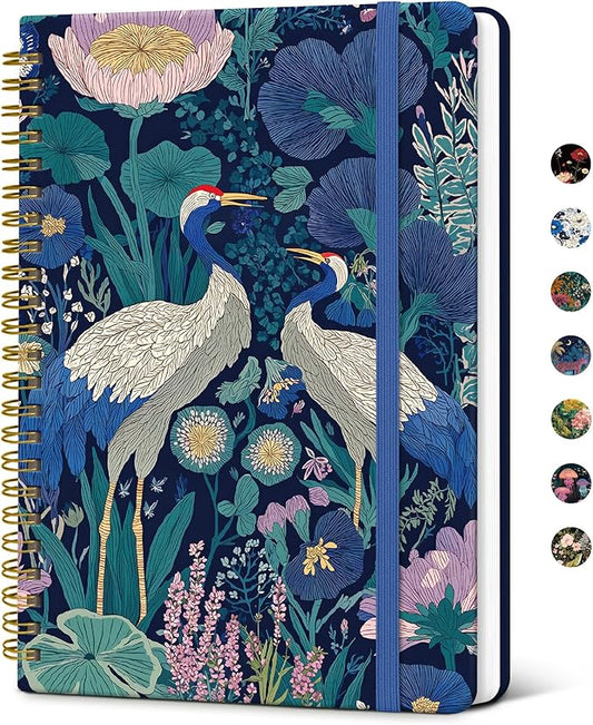 Taja Spiral Journal Notebook for Women, Pretty Hardcover Lined Notebook for Work & Note Taking, Aesthetic Cute Journal for Writing, 140 Pages, 5.8"x8.3", Midnight Cranes
