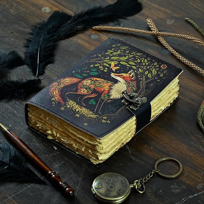 Fox Leather Journal Blank Spell Book of Shadows Witchcraft Supplies Wiccan Notebook Handmade Daily Notepads Grimoire Journal Vintage Journal Sketchbook Witchy Gifts Women Best Gift for Artist ,Writers, Author ,Poet Vintage Gifts For Men & Women