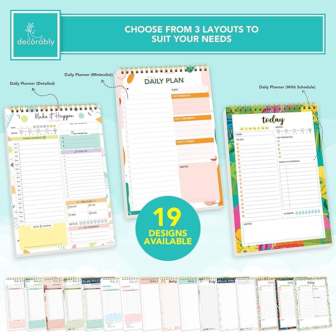 Decorably 52 Sheets Vibrant Forest Undated Daily Planner Notepad Tear Off, 6.5x10in Spring-Bound Daily to Do List to Do Pad, Priorities, Habit Tracker, Mood, Water Intake, Notes