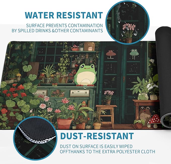 Cute Frog Kawaii Green Mouse Pad Desk Mat XL Extended Large Gaming Desk Pad Mousepad, Green Plant Computer Laptop Keyboard and Mouse Mat, Desktop Protector Mat for Office and Home 31.5x11.8 in