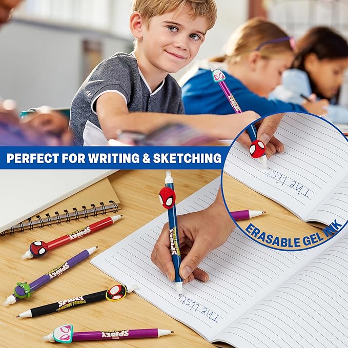 Get Trend Marvel Spidey 5pcs Erasable Gel Ink Pens Cute Writing Pens for Kids Fun Stationery Set Kawaii Journaling Supplies Gift Set Cool Pen Gifts for Kids (Spidey)