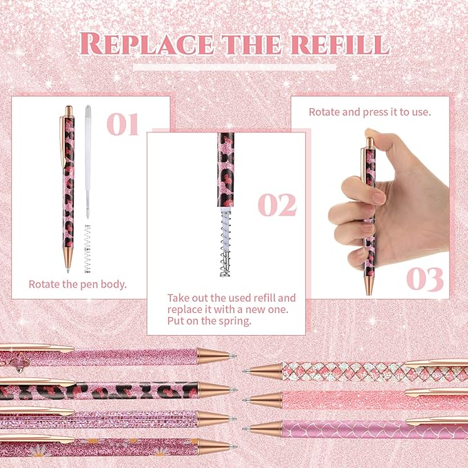 Sherr 7 Pcs Fancy Pens for Women Cute Sparkly Glitter Pens with 10 Pcs Black Ink Refills Pretty Gifts for Girls Office School Christmas Graduation(Cute)