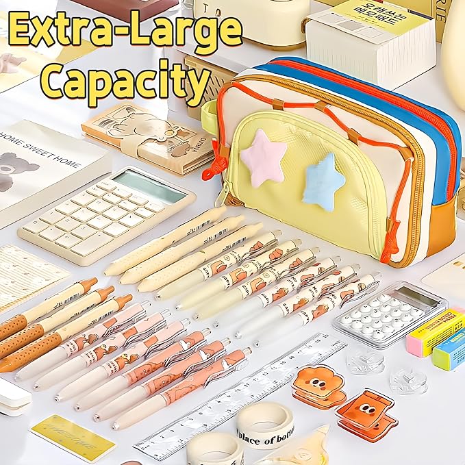 Portable Multi-Layer Kawaii Pencil Case Organizer - Large Capacity Color Block Design Pen Pouch Supplies - Cute Functional Bag (Pink)