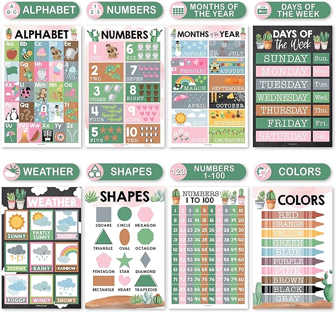 Hadley Designs 16 Educational Posters for Classroom Decor - Learning Posters for Toddlers 1-3, Alphabet for Classroom Wall, Daycare Essentials, Homeschool Posters Preschool, Cactus Playroom Decor