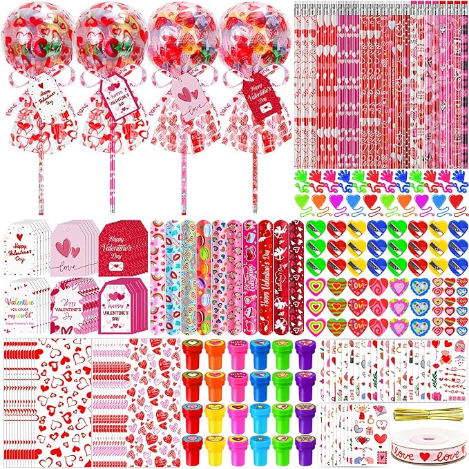 CZWZ 272Pcs Giant Lollipop Valentine Classroom Gifts, 24 Set Giant Lollipop with Pencils, Stickers, Erasers for Classroom School Exchange Valentine Party Favors Supplies
