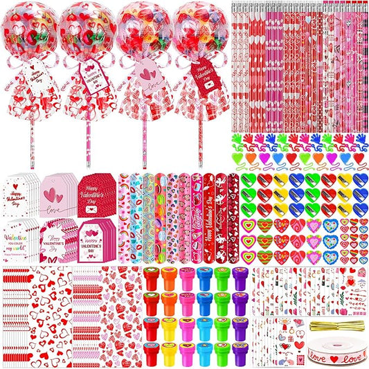 CZWZ 272Pcs Giant Lollipop Valentine Classroom Gifts, 24 Set Giant Lollipop with Pencils, Stickers, Erasers for Classroom School Exchange Valentine Party Favors Supplies