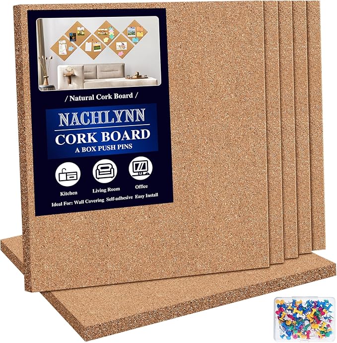 NACHLYNN Cork Board 6 Pack 12 x 12 Self-Adhesive Corkboards for Wall Square Bulletin Board with 100 Push Pins Frameless Cork Tiles for Walls Home Office