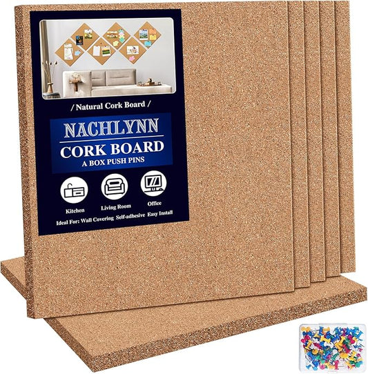 NACHLYNN Cork Board 6 Pack 12 x 12 Self-Adhesive Corkboards for Wall Square Bulletin Board with 100 Push Pins Frameless Cork Tiles for Walls Home Office