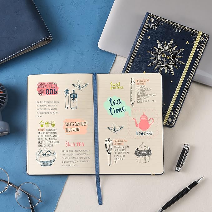 Artfan Ruled Notebook/Journal – Premium Thick Paper Faux Leather Classic Writing Notebook with Pocket + Page Dividers Gifts, Banded, Large, 144 Pages, Hard Cover, Lined (5.8''x 8.4'') - Blue