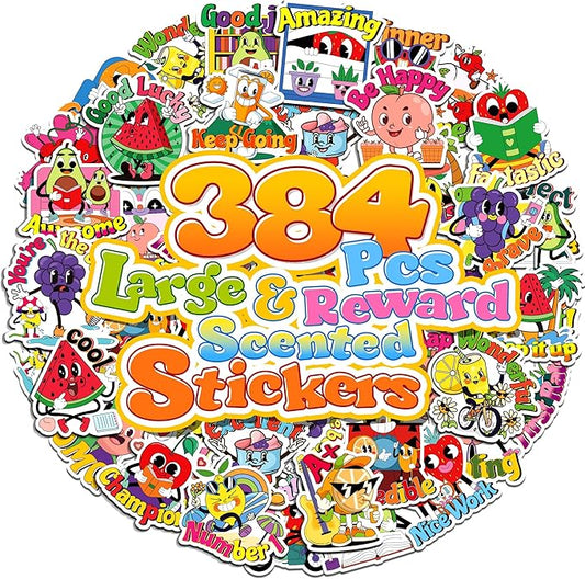 384PCS Scratch and Sniff Stickers for Kids, Large Scented Reward Smelly Fruits Stickers, Motivational Incentive Fun Sticker with Positive Words for Students School Teachers Must Haves, 32 Designs
