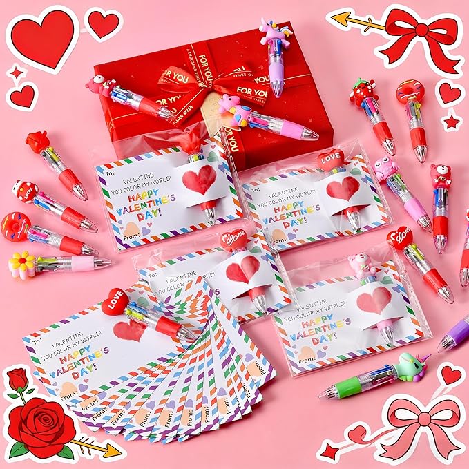 30 Set Mini Multicolor Pens in One 4-in-1, Cute Valentine Pens with 30 Valentines Day Cards for Valentines Day Classroom Gifts, Office Colleagues Greeting Exchange Gift School Party Favors