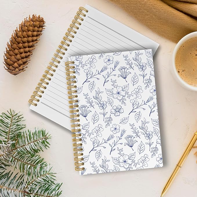 Pugwak Vintage Floral Journal Notebook - Aesthetic Botanical Flower Line Notebooks College Ruled for Work School, Gifts for Women Coworker, Office Supplies, Hardcover Spiral Notebook 5.5"x8.3"