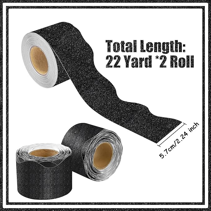 131 Ft Black Glitter Bulletin Board Borders Black Scalloped Bulletin Board Trims Shiny Decorative Border Trims Sparkle Self-Adhesive Border Stickers for Classroom School Home Office Blackboard Desk