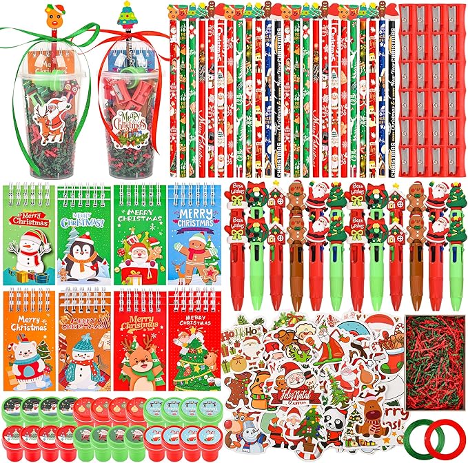 LiYiQ 247 Pcs Christmas Party Favors Return Gifts for Party, Student Stationery Gifts from Teacher, Pencil Erasers Notebooks Stickers for Classroom Birthday Goodie Bags Rewards Prizes