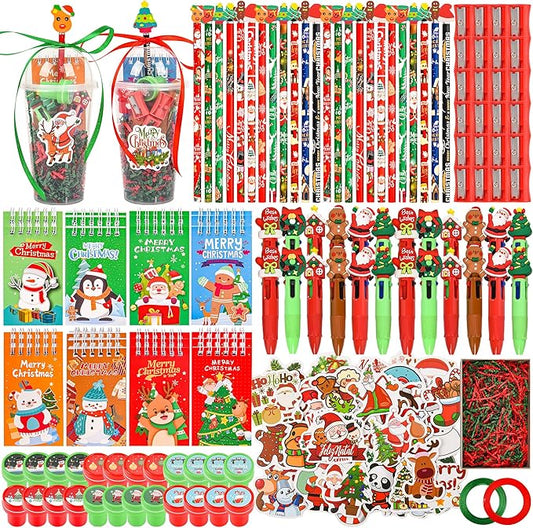 LiYiQ 247 Pcs Christmas Party Favors Return Gifts for Party, Student Stationery Gifts from Teacher, Pencil Erasers Notebooks Stickers for Classroom Birthday Goodie Bags Rewards Prizes