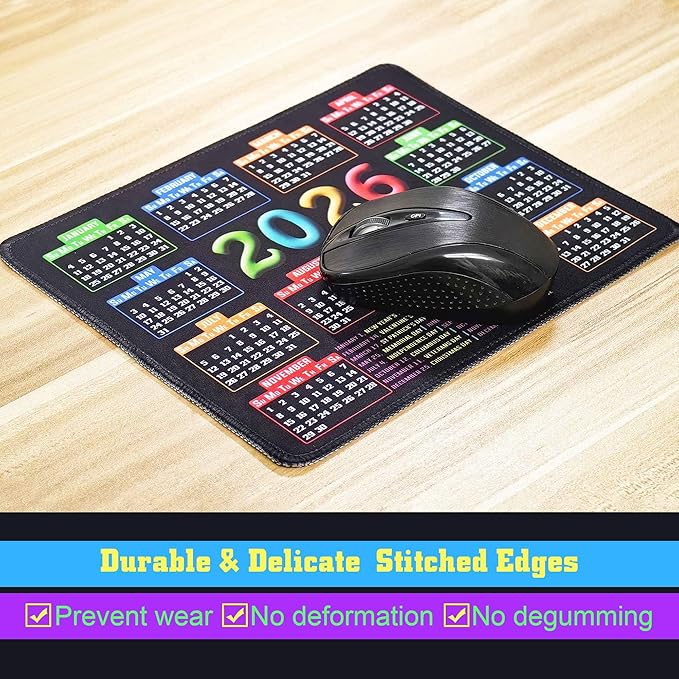 Mouse Pad with Stitched Edge, Computer Mouse Mat with Non-Slip Rubber Base, Mouse Pads for Computers Laptop Mouse 9.6x7.9x0.1 inch, (2026 Calendar Black)