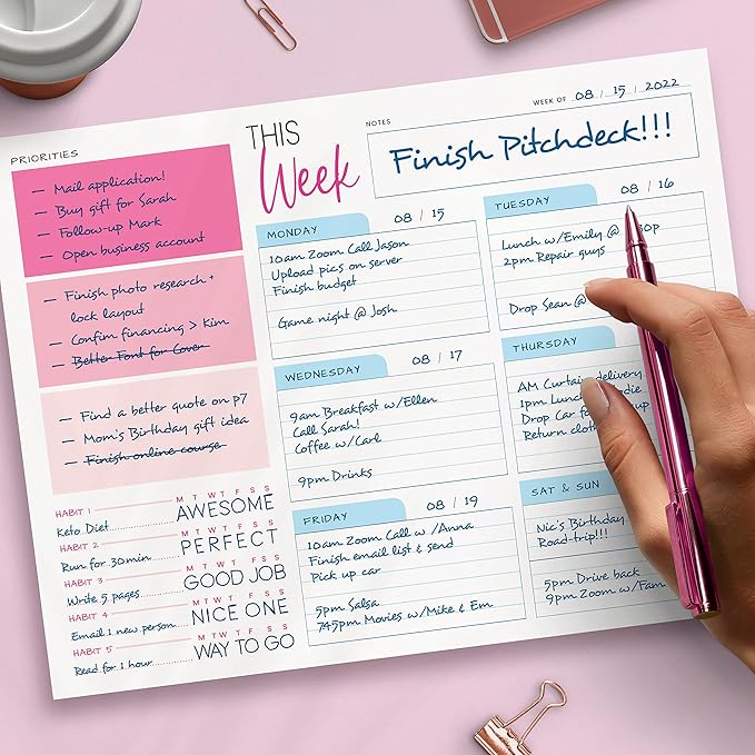 Weekly Planner Pad - Undated Planner - To Do List Notepad - Habit Tracker - 11 x 8.5" - 52 Tear-Off Sheets - Daily Planner Undated for Home Work Office Business - Goal Planner - Cute Planner (Pink)