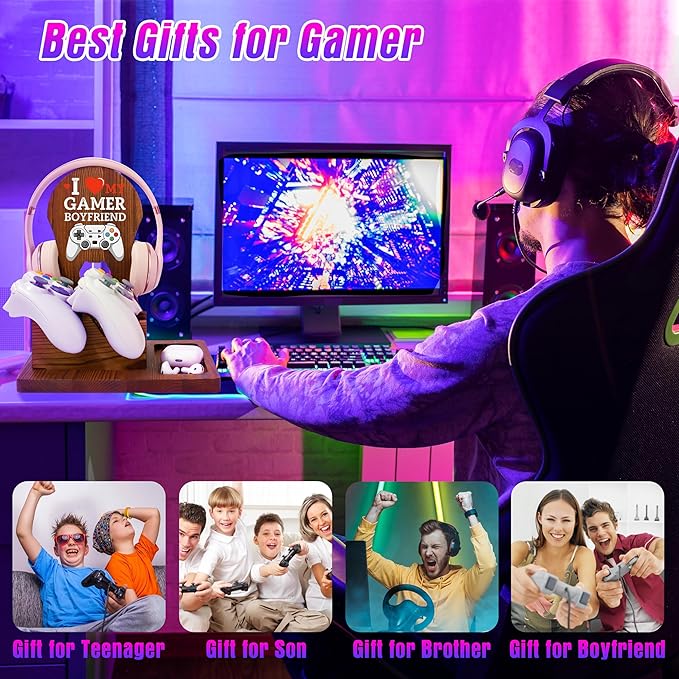 Valentine Gamer Gifts for Teen Boy, Gamer Accessories Stuff, Gaming Gifts for Son, Boyfriend, Husband, Wooden Headphone Stand