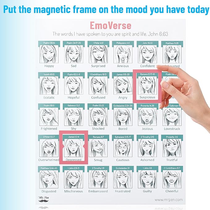 Mr. Pen EmoVerse Magnet Feeling Chart with Bible Verse Guide, 14.5"x11.4", Emotions Chart for Kids and Adults, 30 Different Feelings