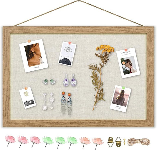 AKTOP Cork Board Bulletin Board with Linen 16.7" X 11", Small Framed Corkboard for Wall, Hanging Pin Board Picture Board for Home Office Decor, Cute Vision Board with 8 Pushpins (Carbonized Black)