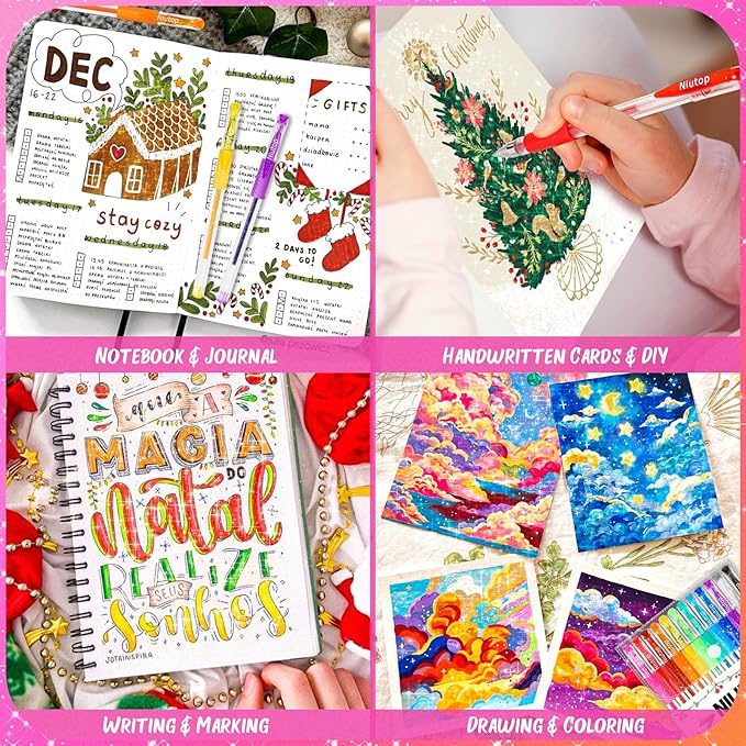 Niutop Coloured Pen Stocking Stuffers for Adult, 12-Color Scented Glitter Gel Pens,Coloring Markers Colored Pen Set, Drawing pens Joumaling Supplies Fun Stationary, Gel Roller Pens, Halloween Gifts