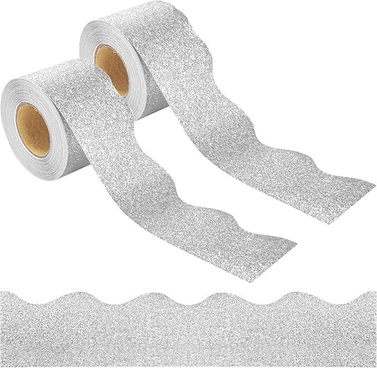 131Ft Silver Glitter Bulletin Board Borders Silver Scalloped Bulletin Board Trims Shiny Decorative Border Trims Sparkle Self-Adhesive Border Stickers for Classroom School Home Office Blackboard Desk