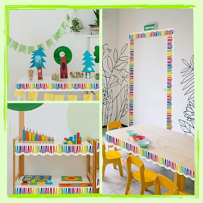 60 Feet Bulletin Board Borders, Scalloped Rolled Border Trim with Pencil Patterns for School, Classroom & Offices