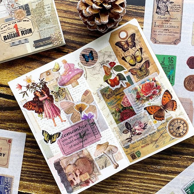 Vintage Journal Stickers - Aesthetic Sticker Book for Journaling & Scrapbooking - 50 Sheets with 30 Stickers & 20 Papers for Bullet Journals