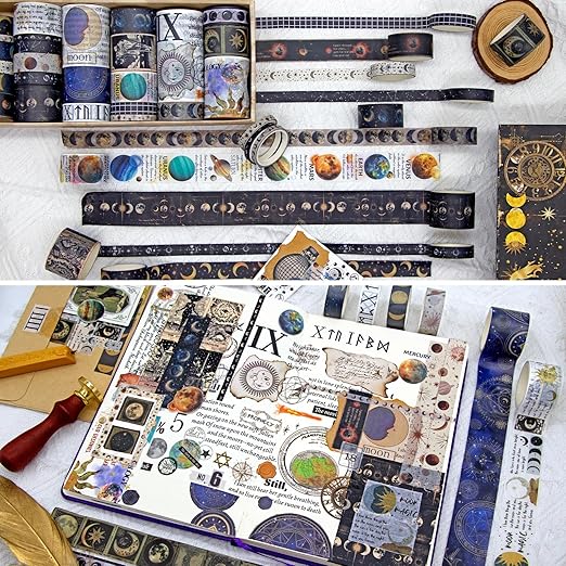 Vintage Tarot & Celestial Washi Tape Set - 25 Rolls Astrology Style Decorative Tapes for Journaling, Scrapbooking,Junk Journal, DIY Craft，Bullet Journaling , Celestial Stickers with Beautiful Gift Box