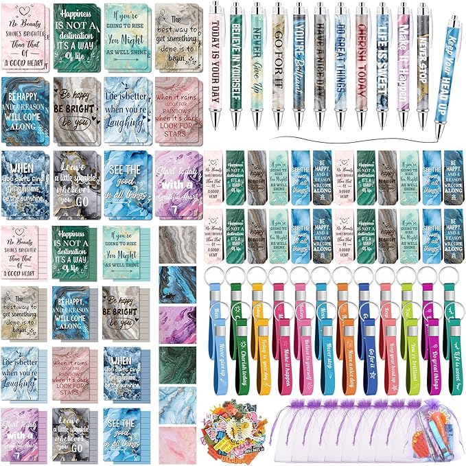 Pasimy 218 Pcs Inspirational Stationery Gifts Motivational Mini Notepad Pen Quote Bookmarks Stress Relief Stickers Inspiring Silicone Keychains for Home Office Appreciation Gift(Marble)