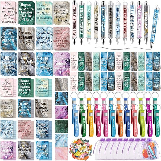 Pasimy 218 Pcs Inspirational Stationery Gifts Motivational Mini Notepad Pen Quote Bookmarks Stress Relief Stickers Inspiring Silicone Keychains for Home Office Appreciation Gift(Marble)