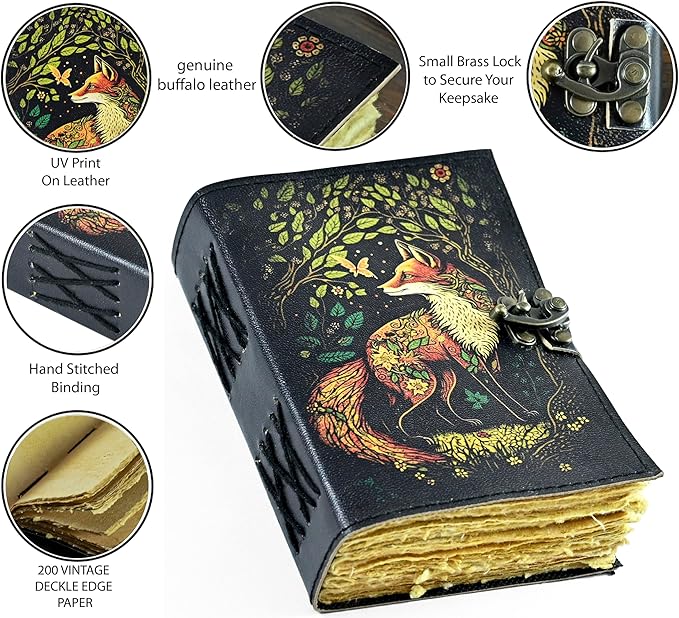 Fox Leather Journal Blank Spell Book of Shadows Witchcraft Supplies Wiccan Notebook Handmade Daily Notepads Grimoire Journal Vintage Journal Sketchbook Witchy Gifts Women Best Gift for Artist ,Writers, Author ,Poet Vintage Gifts For Men & Women