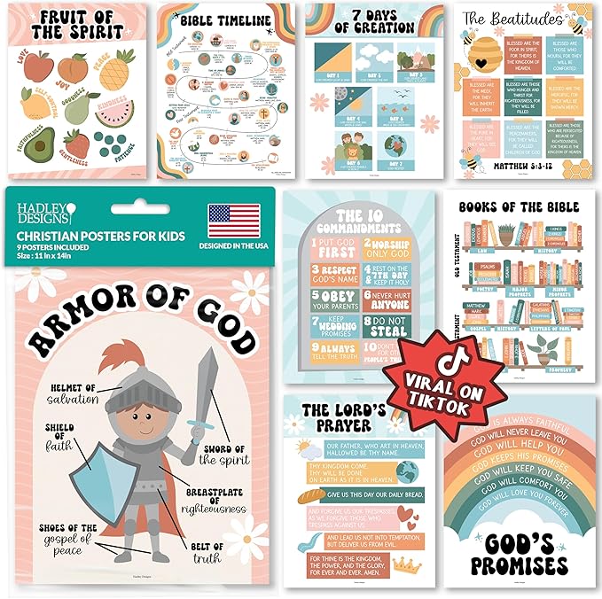 Hadley Designs Sunday School Decorations for Classroom – 9 Bible Posters for Kids, 11x14in Books of the Bible Poster, 10 Commandments, Fruits of the Spirit & More – Retro Christian Classroom Decor