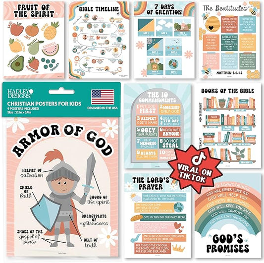 Hadley Designs Sunday School Decorations for Classroom – 9 Bible Posters for Kids, 11x14in Books of the Bible Poster, 10 Commandments, Fruits of the Spirit & More – Retro Christian Classroom Decor