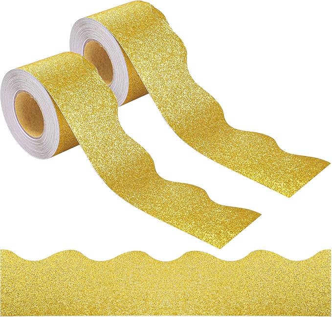 131 Ft Gold Glitter Bulletin Board Borders Gold Scalloped Bulletin Board Trims Shiny Decorative Border Trims Sparkle Self-Adhesive Border Stickers for Classroom School Home Office Blackboard Desk