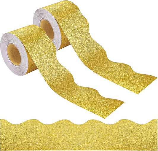 131 Ft Gold Glitter Bulletin Board Borders Gold Scalloped Bulletin Board Trims Shiny Decorative Border Trims Sparkle Self-Adhesive Border Stickers for Classroom School Home Office Blackboard Desk