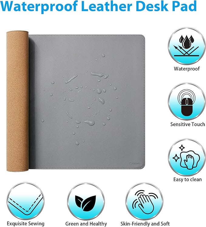 Large Leather Mouse Pad for Desk, 30.3" x 14.4" Desk Mat, Non-Slip Pu Leather Office Home Desk Mat, Waterproof Desk Pad for Keyboard and Mouse, Laptop, Writing, Desk Accessories (Light Grey)
