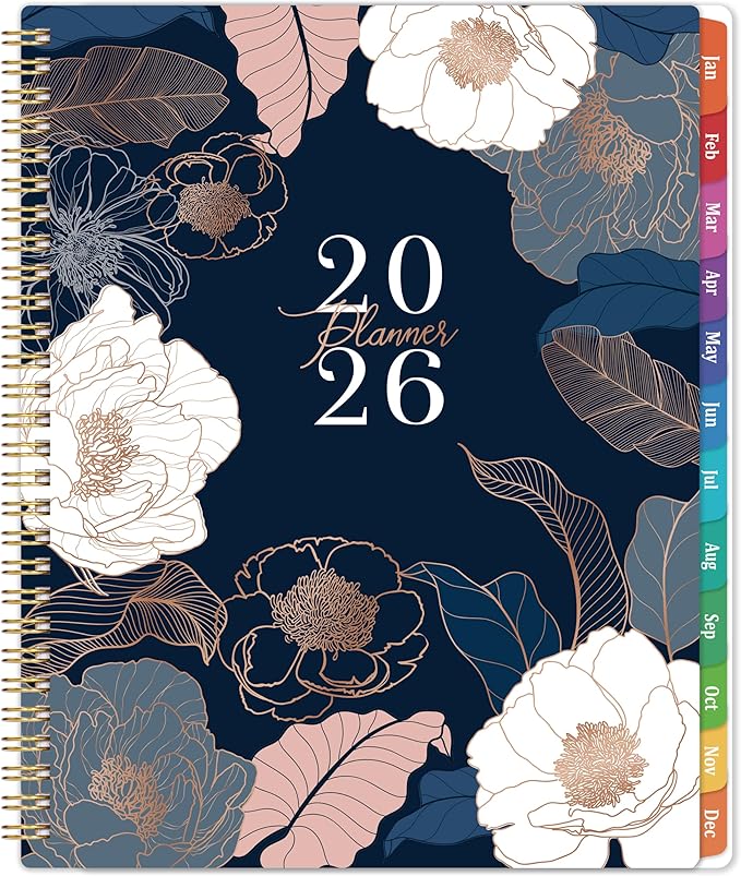 2026 Planner - Planner 2026, 9" x 11", Jan.2026 - Dec.2026, 2026 Planner Weekly and Monthly with Colorful Tabs, Strong Twin-wire, Back Pocket - Engraved Floral